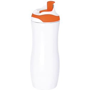 A drink bottle in white with an orange lid and spout, featuring a logo.