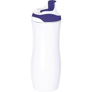 A drink bottle in white with a purple lid and spout. It features a design with a logo.
