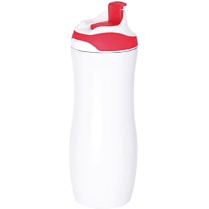 A drink bottle in white with a red cap and spout, featuring a sleek design and a logo.