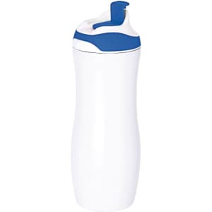 A drink bottle in white with a blue lid and spout, featuring a curved design and a logo.