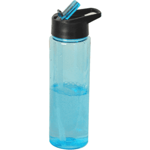 A drink bottle in clear blue plastic with a black lid and straw, containing water with bubbles.