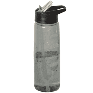 A drink bottle in translucent grey with a black cap and straw, featuring a logo on the side.