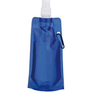 A drink bottle in a vibrant blue colour with a spray nozzle and a loop for attachment. It features branding.