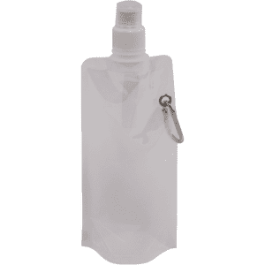 A drink bottle in clear material with a spray nozzle and a metal keyring attached.