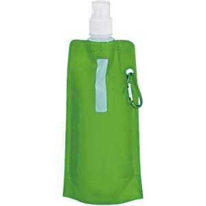 A drink bottle in bright green, featuring a clear nozzle and a small carabiner clip. It has a simple logo.