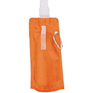 A drink bottle in bright orange, featuring a spray nozzle and a metal carabiner attachment.