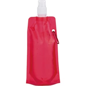 A drink bottle in a vibrant red colour with a spray nozzle and a small attachment point. It features a logo.