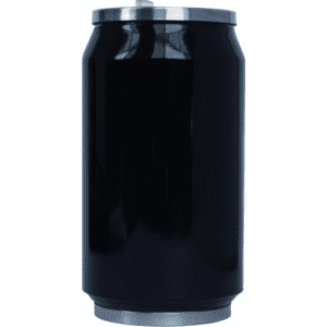 A drink bottle in a sleek black finish with a metallic silver trim at the top. It has a smooth, shiny surface.
