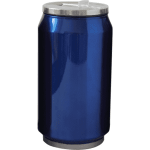 A drink bottle designed to resemble a can, featuring a glossy blue finish and a silver lid.