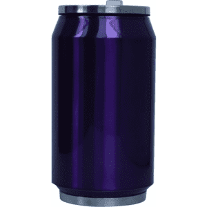 A drink bottle designed to resemble a can, featuring a shiny purple finish with a metallic silver base and cap.
