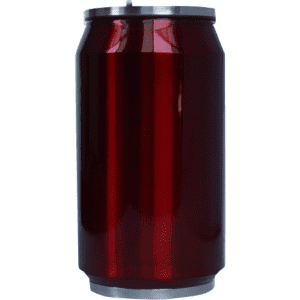 A drink bottle designed to resemble a red soda can, featuring a metallic silver top and a shiny surface.