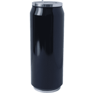 A drink bottle in sleek black with a silver lid and a logo on the front.