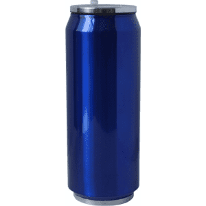 A drink bottle in a shiny blue finish with a silver cap and a logo on the side.