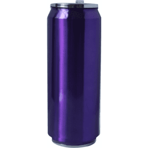 A drink bottle in a sleek, shiny purple design with a silver lid and a cylindrical shape.