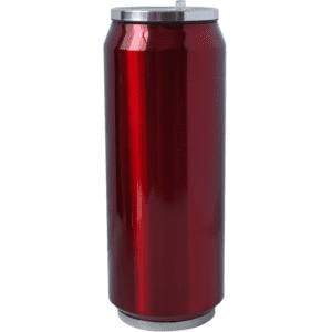 A drink bottle with a shiny red metallic finish and a silver lid. It features a straw and logo branding.
