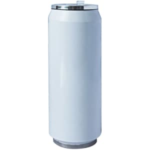 A drink bottle with a sleek white exterior and a metallic silver top, featuring a logo on the surface.