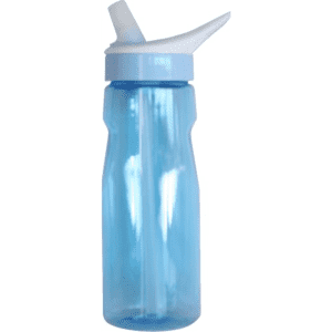 A drink bottle in transparent blue with a white flip-top spout and a branding logo on the side.