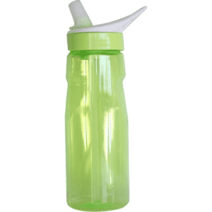 A drink bottle in a bright green hue with a white spout and a fitted lid, featuring a logo.