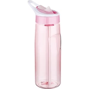 A drink bottle in transparent pink with a white lid and straw, featuring a logo on the side.