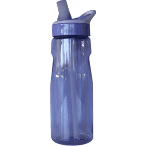 A drink bottle in transparent purple with a flip-top spout and a built-in straw. Includes a logo on the cap.