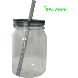 A drink bottle with a clear body and a silver lid, featuring a straw and a BPA-free label.