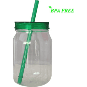 A drink bottle with a clear body, green lid, and green straw, marked as BPA free.