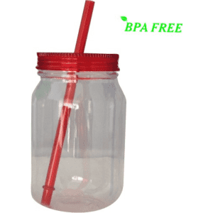 A drink bottle with a clear body and a red lid, featuring a red straw and a BPA-free label.
