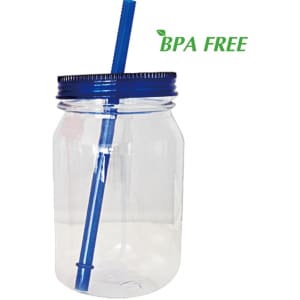 A drink bottle made of clear plastic with a blue lid and straw, marked as BPA free.