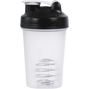 A drink bottle in clear plastic with a black flip-top lid and a branding logo. Features measurement markings on the side.