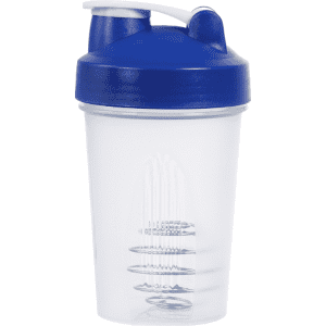 A drink bottle with a clear body and a blue lid, featuring a mixing ball and a logo.