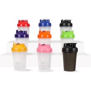 A drink bottle collection featuring transparent shakers with colourful lids in blue, red, orange, purple, yellow, pink, and black.