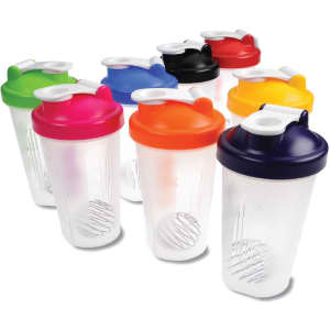A drink bottle collection featuring various colours including green, pink, orange, black, red, and navy, with a shaker design and logo.