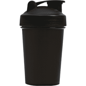 A drink bottle in black with a secure lid and a flip-top spout, featuring a logo.