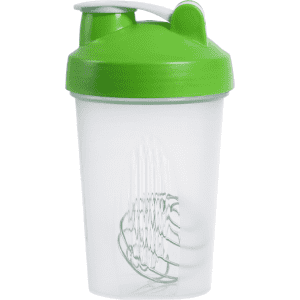 A drink bottle in clear plastic with a green lid and a wire whisk ball inside. It features a logo on the side.