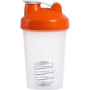 A drink bottle with a clear body and an orange lid, featuring a mixing ball inside and a flip-top cap.