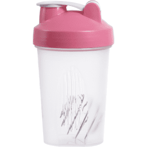 A drink bottle in pink with a transparent body and a white lid, featuring a logo on the side.