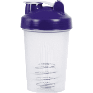 A drink bottle with a clear body and a purple lid, featuring a wire whisk ball inside and a logo.