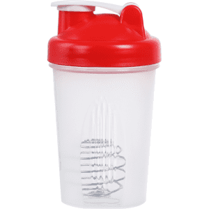 A drink bottle with a transparent body and a red lid, featuring an internal whisk for mixing.