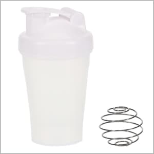 A drink bottle in white with a lid and a metal mixing ball beside it. The bottle features a logo.