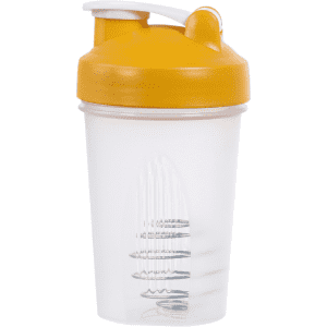 A drink bottle with a yellow lid and transparent body, featuring a wire mixing ball inside. It has a logo on the side.