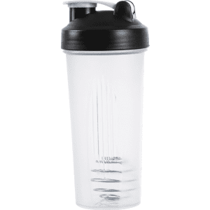 A drink bottle with a transparent body and a black lid, featuring a built-in shaker and measurement markings.