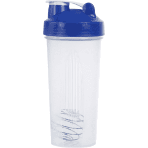 A drink bottle with a transparent body and a blue lid, featuring a mixing whisk inside.