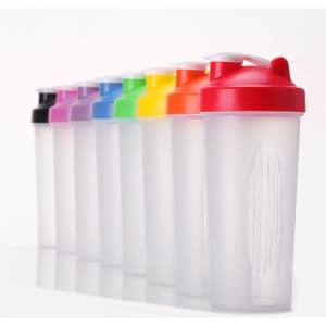 A drink bottle set in various colours with red lids and integrated mixing whisks, featuring branding on each bottle.
