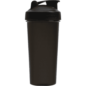 A drink bottle in dark grey with a black lid and a logo on the side.
