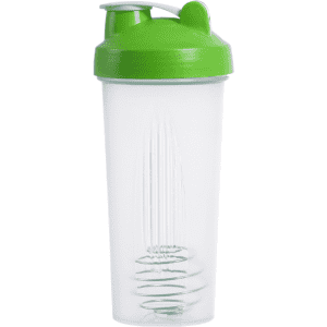 A drink bottle with a clear body and a green lid. It features a mixing ball inside for shaking beverages.