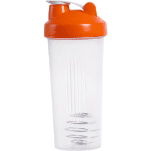 A drink bottle with a transparent body and an orange lid, featuring a mixing ball inside. It has a logo on the front.