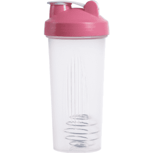 A drink bottle with a transparent body and a pink lid, featuring a mixer ball inside.