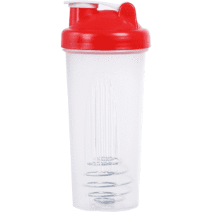A drink bottle with a transparent body and a red lid, featuring a built-in mixing ball.