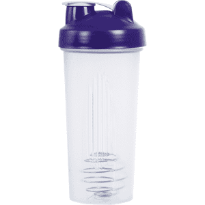 A drink bottle in clear plastic with a purple lid, featuring a built-in mixer.