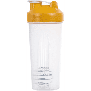 A drink bottle with a clear body and a yellow lid, featuring a mixer ball inside and a branded logo.